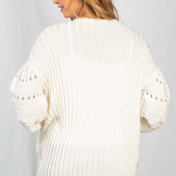 White Long Sleeve Solid Knit Cardigan With Eyelet Detail - Picture 9 of 9
